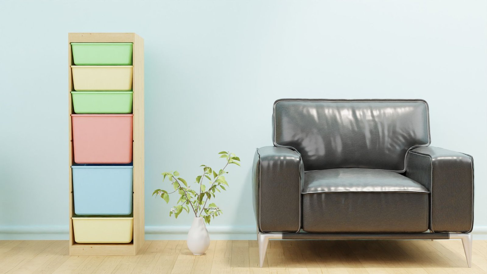 Salón ordenado con cajas de almacenaje